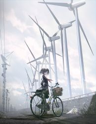 Rule 34 | 1girl, bicycle, black hair, black sailor collar, black serafuku, black shirt, black skirt, black thighhighs, blue eyes, blue sky, briefcase, brown footwear, cloud, cloudy sky, commentary request, day, film grain, highres, long sleeves, looking at viewer, neckerchief, original, outdoors, pleated skirt, red neckerchief, sailor collar, satellite dish, school briefcase, school uniform, serafuku, shirt, shoes, skirt, sky, solo, standing, swav, thighhighs, wind, wind turbine, windmill