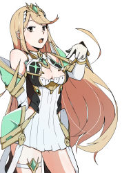 Rule 34 | 1girl, absurdres, armor, bare shoulders, blonde hair, breasts, cleavage, cleavage cutout, clothing cutout, dress, gloves, highres, long hair, looking at viewer, medium breasts, mythra (xenoblade), nintendo, open mouth, solo, standing, white background, xenoblade chronicles (series), xenoblade chronicles 2, xenoblade chronicles (series), xenoblade chronicles 2, yellow eyes