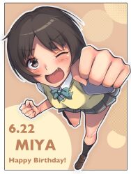 Rule 34 | 1girl, :d, ;d, amagami, aqua bow, aqua bowtie, black socks, blush, bob cut, border, bow, bowtie, breasts, brown background, brown eyes, brown footwear, brown hair, character name, clenched hands, commentary, dated, dress shirt, english text, fang, foot up, foreshortening, from above, grey skirt, halftone texture, highres, kein 810, kibito high school uniform, kneehighs, loafers, looking at viewer, looking up, one eye closed, open mouth, outline, parted bangs, perspective, pleated skirt, reaching, reaching towards viewer, running, school uniform, shirt, shoes, short hair, short sleeves, skin fang, skirt, small breasts, smile, socks, solo, summer uniform, sweater vest, tachibana miya, two-tone background, upturned eyes, v-shaped eyebrows, white border, white outline, white shirt, yellow background, yellow sweater vest