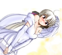 Rule 34 | 1girl, alcohol, artist request, bare shoulders, blush, bottle, bow, breasts, bridal veil, cleavage, detached sleeves, dress, female focus, from above, gradient background, hair bow, hair ornament, long hair, looking down, ponytail, red eyes, sake, solo, veil, very long hair, vocaloid, wedding dress, white background, white dress, white hair, yowane haku