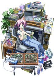Rule 34 | 1girl, absurdres, anbiyori, aqua eyes, bag, blue overalls, blue pants, bottle, can, carpet, cassette tape, clock, closed mouth, computer, corded phone, drink can, eating, electric kettle, extension cord, food, headphones, highres, holding, holding food, kettle, laptop, looking at viewer, original, overalls, overalls removed, paintbrush, pants, phone, pink hair, plant, plastic bag, playstation controller, potted plant, power strip, radio, shirt, shopping bag, short hair, simple background, sitting, socks, soda can, solo, stuffed animal, stuffed toy, swivel chair, t-shirt, table, tape dispenser, teddy bear, tissue box, videocassette, white background, white shirt, white socks