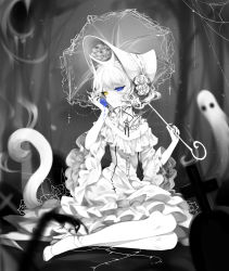 Rule 34 | 1girl, animal ears, blue flower, blue rose, blurry, blurry background, blurry foreground, cat ears, cat tail, dress, flower, frilled dress, frills, ghost, halloween, hat, heterochromia, high heels, highres, looking at viewer, original, parasol, pumps, rose, sheya, short hair, signature, sitting, solo, spot color, tail, tombstone, umbrella, white hair
