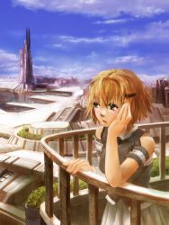 Rule 34 | 1girl, arm cuffs, balcony, blush stickers, brown eyes, brown hair, building, cloud, day, dock, hair ornament, hairclip, hand on own face, harbor, head rest, highres, open mouth, plant, pleated skirt, railing, rana7, sad, scenery, short hair, skirt, sky, sleeveless, solo, tower
