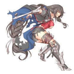 Rule 34 | 1girl, arm blade, ass, black hair, boots, breasts, cleru (cleruuuuu), coat, highres, long hair, looking at viewer, medium breasts, parted lips, shiny clothes, shiny skin, short shorts, shorts, sideboob, solo, tales of (series), tales of berseria, thighhighs, torn clothes, velvet crowe, very long hair, weapon, yellow eyes