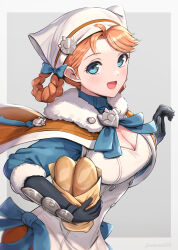 Rule 34 | 1girl, :d, absurdres, annette fantine dominic, blue eyes, braid, bread, breasts, capelet, cleavage, cleavage cutout, clothing cutout, dress, elbow gloves, fire emblem, fire emblem: three houses, fire emblem warriors: three hopes, food, gloves, gonzarez, grey background, hat, highres, holding, holding food, long sleeves, looking at viewer, medium breasts, nintendo, official alternate costume, official alternate hairstyle, open mouth, orange hair, short hair, smile, solo