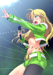 Rule 34 | 1girl, ahoge, belly chain, blonde hair, blush, green eyes, hoshii miki, idolmaster, idolmaster (classic), jacket, jewelry, laser, pantyhose under shorts, microphone, midriff, nishi (count2.4), open mouth, pantyhose, shorts, solo, sweat