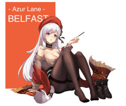 Rule 34 | 1girl, aran sweater, arm support, azur lane, belfast (azur lane), belfast (shopping with the head maid) (azur lane), beret, blush, boots, unworn boots, breasts, brown sweater, cable knit, character name, choker, cleavage, collarbone, earrings, food, unworn footwear, full body, hat, highres, holding, holding food, hoop earrings, jewelry, large breasts, long hair, looking at viewer, nail polish, off-shoulder sweater, off shoulder, panties, panties under pantyhose, pantyhose, pocky, purple eyes, silver hair, sitting, skirt, smile, solo, sweater, thighband pantyhose, underwear, vococo, white panties
