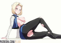 Rule 34 | 1girl, android 18, ass, back, black pantyhose, blonde hair, blue eyes, breasts, cleft of venus, dragon ball, dragonball z, earrings, feet, flou (flou art), jewelry, large breasts, looking at viewer, nipples, no bra, no panties, pantyhose, plantar flexion, pussy, short hair, sitting, solo, torn clothes, torn pantyhose, uncensored, white background