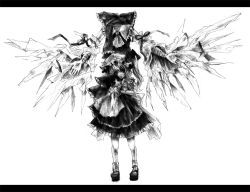 Rule 34 | 2girls, ascot, bad id, bad pixiv id, creepy, decapitation, detached sleeves, doll, empty eyes, female focus, flandre scarlet, greyscale, hakurei reimu, hat, headless, horror (theme), japanese clothes, lastdark, letterboxed, miko, monochrome, multiple girls, ponytail, sad, scar, side ponytail, simple background, standing, torn clothes, touhou