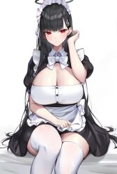 Rule 34 | 1girl, absurdres, apron, black dress, black hair, blue archive, blunt bangs, blush, bow, breasts, dress, frilled apron, frills, hair ornament, hairclip, halo, highres, huge breasts, long hair, looking at viewer, maid, maid apron, maid headdress, mono (mo n mno), puffy short sleeves, puffy sleeves, red eyes, rio (blue archive), short sleeves, sitting, solo, thighhighs, very long hair, waist apron