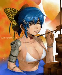 Rule 34 | 1girl, android, bikini, blue hair, breasts, brown eyes, cleavage, joints, large breasts, mechanical parts, original, recube, robot joints, solo, swimsuit, white bikini