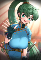 Rule 34 | 1girl, :d, absurdres, belt, black gloves, blue dress, breasts, brown belt, commentary request, dress, earrings, fingerless gloves, fire emblem, fire emblem: the blazing blade, gloves, gonzarez, green eyes, green hair, highres, indoors, jewelry, large breasts, leaning forward, long hair, looking at viewer, lyn (fire emblem), nintendo, open mouth, ponytail, short sleeves, smile, solo, sword, very long hair, weapon