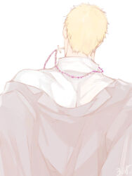 Rule 34 | 1boy, alternate costume, back, back focus, blonde hair, collared shirt, cross, cross necklace, from behind, jewelry, kyosuke, male focus, muted color, necklace, necklace in mouth, open clothes, open shirt, priest, reiner braun, shingeki no kyojin, shirt, short hair, solo, undressing, white background