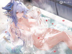 Rule 34 | 1girl, absurdres, antenna hair, artist request, azur lane, bathtub, blush, breasts, grey hair, hair ornament, highres, long hair, looking at viewer, nude, official alternate costume, open clothes, petals, see-through, see-through shirt, shirt, steam, thighs, tosa (a glimpse of greatness) (azur lane), tosa (azur lane), yellow eyes