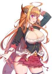 Rule 34 | 1girl, :d, ahoge, arm up, black bow, blonde hair, blush, bow, braid, breasts, brooch, brown hair, cleavage, commentary request, contrapposto, corset, cowboy shot, dated, frilled sleeves, frills, gem, highres, hololive, horn bow, horn ornament, horns, jewelry, kiryu coco, kiryu coco (1st costume), large breasts, long hair, long sleeves, looking at viewer, miniskirt, multicolored hair, open mouth, pleated skirt, pointy ears, red eyes, red gemstone, red skirt, shrug (clothing), side braid, signature, skindentation, skirt, smile, solo, streaked hair, striped, striped bow, thighs, tienao, very long hair, virtual youtuber, wing collar