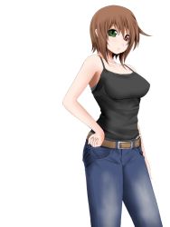 Rule 34 | 00s, bare shoulders, belt, brown hair, camisole, chemical-x, denim, green eyes, hand on own hip, hands on own hips, heterochromia, hip focus, jeans, aged up, pants, red eyes, rozen maiden, short hair, solo, souseiseki