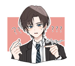 Rule 34 | 1boy, ?, artem wing (tears of themis), black jacket, black necktie, blue eyes, blush, brown hair, collared shirt, cropped torso, diagonal-striped clothes, diagonal-striped necktie, hands up, jacket, long sleeves, looking at viewer, male focus, mtkignsn, necktie, outline, parted bangs, parted lips, pink background, pinstripe pattern, shirt, solo, striped, striped clothes, sweat, tears of themis, thick eyebrows, twitter username, two-tone background, upper body, v-shaped eyebrows, white background, white outline, white shirt