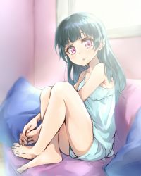 Rule 34 | 1girl, bad id, bad pixiv id, barefoot, bloom, blue hair, blunt bangs, camisole, couch, crossed legs, feet, full body, hair down, head tilt, highres, knees up, long hair, looking at viewer, love live!, love live! sunshine!!, morning, nail polish, open mouth, own hands together, pillow, purple eyes, sitting, solo, takenoko no you, toes, tsushima yoshiko