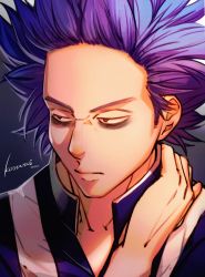Rule 34 | 1boy, bags under eyes, blue hair, blue jacket, boku no hero academia, brown eyes, closed mouth, commentary request, forehead, grey background, half-closed eyes, hand up, highres, jacket, kosumi, looking away, looking to the side, male focus, portrait, purple hair, shinsou hitoshi, signature, solo, upper body, v-shaped eyebrows