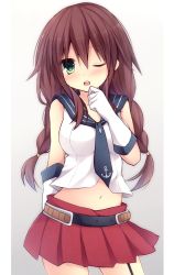 Rule 34 | 10s, 1girl, anchor symbol, arm behind back, bare shoulders, belt, blush, braid, breasts, brown hair, d;, female focus, garter straps, gloves, green eyes, kantai collection, komomo (ptkrx), large breasts, long hair, looking at viewer, midriff, navel, necktie, noshiro (kancolle), one eye closed, open mouth, pleated skirt, school uniform, serafuku, simple background, skirt, solo, swept bangs, twin braids, white gloves