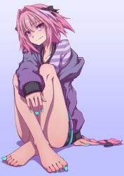 Rule 34 | 1boy, absurdres, aqua nails, arm support, astolfo (fate), astolfo (memories at trifas) (fate), bare legs, barefoot, bow, braid, braided ponytail, closed mouth, fang, fate/apocrypha, fate (series), feet, hair bow, hej (mugmnm51), hej (pixiv13035031), highres, jacket, long hair, long sleeves, looking at viewer, male focus, multicolored hair, nail polish, official alternate costume, pink hair, purple jacket, shirt, sitting, skin fang, solo, streaked hair, striped clothes, striped shirt, toenail polish, toenails, toes, trap, very long hair