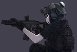 Rule 34 | 1girl, aiming, assault rifle, backpack, bag, black eyes, black gloves, black hair, black shirt, closed mouth, commentary request, cowboy shot, earmuffs, from side, gloves, grey background, gun, hair between eyes, headset, helmet, highres, ivan wang, knee pads, military operator, pale skin, pocket, police, profile, rifle, serious, shirt, short hair, short sleeves, sniper rifle, solo, squatting, trigger discipline, weapon, weapon request