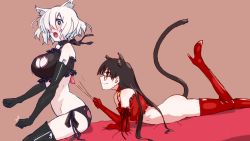 Rule 34 | 2girls, :o, ^^^, alternate costume, anal tail, animal ears, bell, black footwear, black gloves, black hair, black legwear, black panties, blush, bob cut, boots, bottomless, breasts, brown background, butt plug, cat cutout, cat ears, cat lingerie, cat teaser, cattail, choker, cleavage cutout, clenched hands, closed mouth, clothing cutout, cross-laced clothes, fake tail, frills, from side, glasses, gloves, hair over one eye, high heel boots, high heels, highres, holding, jingle bell, large breasts, legs up, long hair, looking at another, lying, marble, meme attire, multiple girls, navel, neck bell, on stomach, original, panties, paw print, plant, profile, red footwear, red gloves, red legwear, sex toy, shokushi yuu, short hair, side-tie panties, sitting, sketch, smile, stomach, surprised, tail, underwear, underwear only, white hair, yuri, zipper