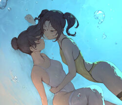 Rule 34 | 2girls, air bubble, breasts, brown hair, bubble, hair bun, highres, multiple girls, one-piece swimsuit, original, rou (rou22), small breasts, swimsuit, thighhighs, twintails, underwater, white one-piece swimsuit, white thighhighs, yellow one-piece swimsuit, yuri