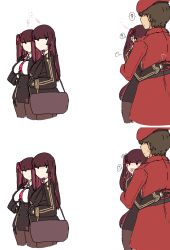 Rule 34 | !, 1boy, 3girls, ?, bag, belt, beret, black legwear, blunt bangs, breasts, clone, closed mouth, collared shirt, commander (girls&#039; frontline), girls&#039; frontline, griffin &amp; kryuger military uniform, hat, highres, hug, large breasts, long hair, long sleeves, military, military uniform, multiple girls, necktie, pantyhose, purple hair, shiming liangjing, shirt, simple background, spoken exclamation mark, spoken question mark, tongue, tongue out, uniform, wa2000 (girls&#039; frontline), white background