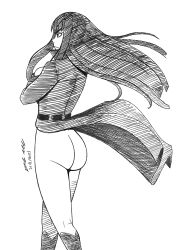 Rule 34 | 1girl, artist name, ass, back, belt, black coat, black footwear, black hair, blue eyes, boots, bottomless, breasts, cleavage, closed mouth, coat, collared coat, crossed arms, curvy, eyebrows, eyelashes, facing away, female focus, floating hair, high collar, hime cut, huge ass, kill la kill, kiryuuin satsuki, knee boots, large breasts, legs, long hair, looking away, monochrome, naked coat, neck, no panties, no pants, profile, serious, sideboob, sidelocks, simple background, solo, standing, straight hair, thighs, traditional media, trench coat, trigger (company), walkingdeadmann, white background