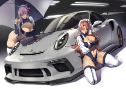 Rule 34 | 2girls, absurdres, akame ga kill!, blue eyes, blue ribbon, boots, breasts, car, chelsea (akame ga kill!), cleavage, commentary, commission, english commentary, hair ribbon, highres, long hair, motor vehicle, multiple girls, original, packge, parasol, pink hair, porsche, porsche 911, porsche 991, race queen, red eyes, red hair, ribbon, smile, spoiler (automobile), thigh boots, thighhighs, thighs, umbrella, vehicle focus, white footwear, white legwear