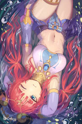 Rule 34 | 1girl, absurdres, arabian clothes, bare shoulders, blue gemstone, blue veil, breasts, brooch, callu jy, dancer, forehead jewel, gem, genshin impact, gold choker, gold trim, green eyes, grin, harem outfit, highres, horns, jewelry, long hair, long sleeves, looking at viewer, lying, medium breasts, midriff, navel, neck ring, nilou (genshin impact), on back, one eye closed, partially submerged, puffy long sleeves, puffy sleeves, red hair, smile, thighlet, upside-down, vambraces, veil, water, white headdress