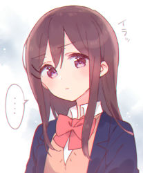 Rule 34 | ..., 1girl, absurdres, adachi to shimamura, blazer, blue jacket, blush, bow, brown hair, brown sweater, closed mouth, collared shirt, hair between eyes, hair ornament, hairclip, highres, jacket, long hair, looking at viewer, open clothes, open jacket, purple eyes, red bow, shimamura hougetsu, shirt, solo, sorimachi-doufu, spoken ellipsis, sweater, translated, upper body, white shirt