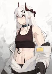Rule 34 | 1girl, absurdres, arknights, black collar, black gloves, black sports bra, bodysuit, breasts, collar, demon horns, ear piercing, gloves, hair between eyes, hair ornament, highres, horns, infection monitor (arknights), long hair, long sleeves, looking to the side, material growth, meatworld9, mudrock (arknights), mudrock (elite ii) (arknights), open bodysuit, open clothes, oripathy lesion (arknights), piercing, pointy ears, red eyes, simple background, small breasts, solo, sports bra, stomach, sweat, upper body, white background, white hair