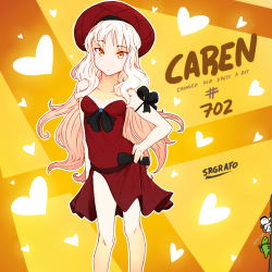 Rule 34 | 1girl, caren hortensia, dress, english text, fate/grand order, fate (series), hand on own hip, red dress, srgrafo, white hair, yellow eyes