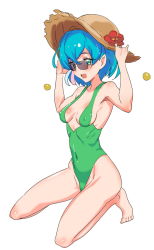 Rule 34 | 1girl, aqua eyes, aqua hair, bad id, bad pixiv id, bare shoulders, barefoot, blush, breasts, casual one-piece swimsuit, covered erect nipples, covered navel, hagoromo lala, hair ornament, hat, kneeling, looking at viewer, medium breasts, one-piece swimsuit, ontaros, open mouth, pointy ears, precure, shiny skin, short hair, simple background, smile, solo, star twinkle precure, straw hat, sunglasses, swimsuit, white background