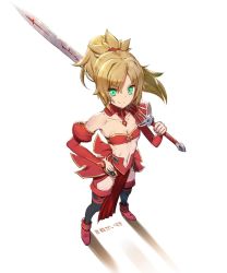 1girl bare_shoulders black_thighhighs blonde_hair breasts cleavage collarbone fate/grand_order fate_(series) female_focus foreshortening from_above full_body green_eyes holding holding_sword holding_weapon medium_breasts mordred_(fate) mordred_(fate/apocrypha) navel short_ponytail solo standing sword tansan_daisuki thighhighs weapon