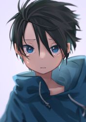 Rule 34 | 1boy, aimai sheena, black hair, blue eyes, blue hair, blue hoodie, crying, crying with eyes open, dot nose, drawstring, hair between eyes, highres, hoodie, looking at viewer, male focus, multicolored hair, original, parted lips, portrait, short hair, solo, tears, upper body