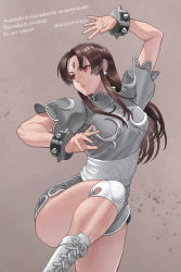 Rule 34 | 1girl, bracelet, breasts, brown eyes, brown hair, capcom, china dress, chinese clothes, chun-li, closed mouth, dress, earrings, hair bun, highres, jewelry, kkzk61539201, leg up, long hair, simple background, solo, spiked bracelet, spikes, street fighter, street fighter ii (series), street fighter ii v
