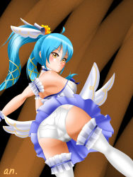 Rule 34 | 1girl, ahoge, alternate costume, andrew sutoga, ass, bare shoulders, blue hair, blush, breasts, cameltoe, dress, elbow gloves, expressionless, gloves, hair ornament, highres, huge ass, king&#039;s raid, long hair, looking at viewer, orange eyes, panties, skirt, solo, sonia (king&#039;s raid), thighhighs, twintails, underwear, upskirt, wedding dress