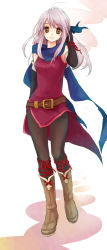 Rule 34 | 1girl, bad id, bad pixiv id, belt, black pantyhose, blue scarf, boots, cross-laced footwear, dress, elbow gloves, fire emblem, fire emblem: radiant dawn, gloves, hand in own hair, highres, legs, light smile, micaiah (fire emblem), nintendo, pantyhose, scarf, side slit, silver hair, simple background, sleeveless, sleeveless dress, smile, solo, sten, white background, yellow eyes