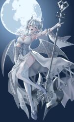 Rule 34 | 1girl, absurdres, armored leotard, armpits, breasts, cleavage, demon girl, demon horns, demon wings, dress, duel monster, elizi, full body, full moon, gloves, grey eyes, highres, holding, holding polearm, holding weapon, horns, large breasts, leotard, leotard under clothes, long hair, looking at viewer, lovely labrynth of the silver castle, low wings, moon, multiple wings, pointy ears, polearm, solo, spread cleavage, thighhighs, transparent wings, twintails, weapon, white hair, white horns, wings, yu-gi-oh!
