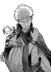Rule 34 | 1boy, absurdres, arm at side, bead bracelet, beads, bracelet, cloak, clothes writing, cross-laced clothes, doi nau, earrings, facial mark, greyscale, hand on own shoulder, hand up, hashtag-only commentary, highres, itadori yuuji, japanese clothes, jewelry, jujutsu kaisen, kimono, long sleeves, looking at viewer, male focus, monochrome, short hair, simple background, solo, tassel, tassel earrings, undercut, upper body, wide sleeves