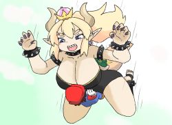 Rule 34 | 1boy, 1girl, :d, bare shoulders, black legwear, black leotard, blonde hair, blush, bowsette, bracelet, breasts, brown hair, cleavage, collar, commentary request, crown, gloves, hat, horns, jewelry, large breasts, latenight, leotard, mario, mario (series), new super mario bros. u deluxe, nintendo, open mouth, overalls, pointy ears, ponytail, purple eyes, red hat, sharp teeth, smile, spiked bracelet, spiked collar, spiked shell, spikes, stirrup legwear, super crown, teeth, toeless legwear, white gloves