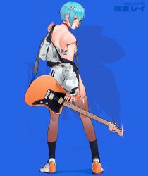 Rule 34 | 1girl, ayanami rei, blue background, blue hair, cesar art456, electric guitar, guitar, hair ornament, highres, instrument, jacket, looking back, neon genesis evangelion, open mouth, red eyes, shoes, short shorts, shorts, simple background, solo, thighhighs