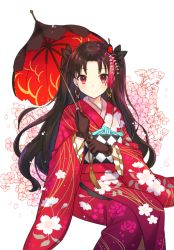 Rule 34 | 1girl, alternate costume, black gloves, black hair, black ribbon, c:, cherry blossoms, closed mouth, earrings, fate/grand order, fate (series), female focus, floral background, floral print, flower, gloves, hair flower, hair ornament, hair ribbon, hands up, himaya, holding, holding umbrella, hoop earrings, invisible chair, ishtar (fate), ishtar (formal dress) (fate), japanese clothes, jewelry, kimono, long hair, long sleeves, looking at viewer, neck, obi, oil-paper umbrella, parted bangs, red eyes, red kimono, ribbon, sash, sitting, smile, solo, tohsaka rin, two side up, type-moon, umbrella, very long hair, white background, wide sleeves