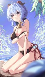 Rule 34 | 1girl, absurdres, ahoge, arm under breasts, bad id, bad pixiv id, beach, bell, bikini, black bikini, blue hair, blue sky, blush, breasts, chinese knot, cloud, covering privates, covering breasts, day, embarrassed, flower knot, ganyu (genshin impact), genshin impact, highres, horns, long hair, looking at viewer, medium breasts, navel, neck bell, ocean, purple eyes, sidelocks, sitting, sky, solo, strap slip, swimsuit, vision (genshin impact), wariza, yongchyan
