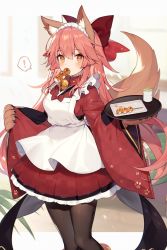 Rule 34 | !, 1girl, animal ears, bell, blush, collar, commentary request, cup, eating, fate/grand order, fate (series), feet out of frame, food, fox ears, fox girl, fox tail, hair ornament, highres, long hair, looking at viewer, maid, muryotaro, neck bell, pantyhose, pink hair, skirt, solo, speech bubble, standing, tail, tamamo (fate), tamamo no mae (fate/extra), wa maid, yellow eyes, yunomi