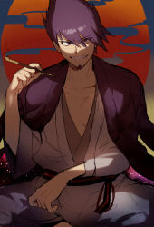 Rule 34 | 1boy, belt, black belt, clenched teeth, collarbone, commentary request, danganronpa (series), danganronpa v3: killing harmony, facial hair, goatee, grin, hair between eyes, hand up, highres, holding, holding smoking pipe, indian style, jacket, jacket on shoulders, japanese clothes, long sleeves, looking at viewer, male focus, momota kaito, purple hair, red background, sitting, smile, smoking pipe, solo, suurin (ksyaro), teeth