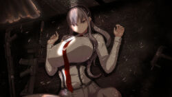 Rule 34 | 1girl, alternate breast size, assault rifle, benelli m4 super 90, black survival, breasts, bullet, eternal return: black survival, grey eyes, grey hair, gun, hair between eyes, haze (black survival), highres, huge breasts, long hair, looking at viewer, lying, necktie, on back, red necktie, rifle, shirt, shotgun, solo, underbust, upper body, weapon, weapon request, white shirt, xognsyoon970